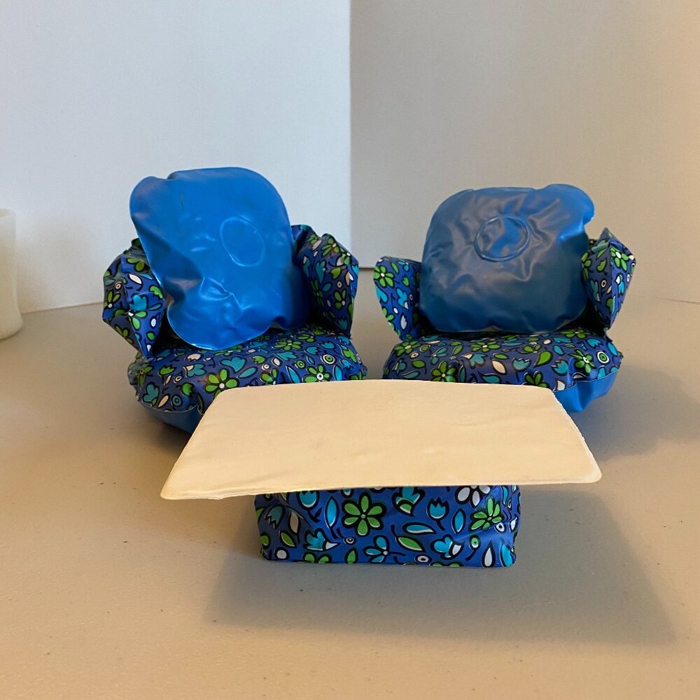 Vintage 1970s Barbie Clone Puff 'N Play Inflatable Doll Furniture Floral Blue
